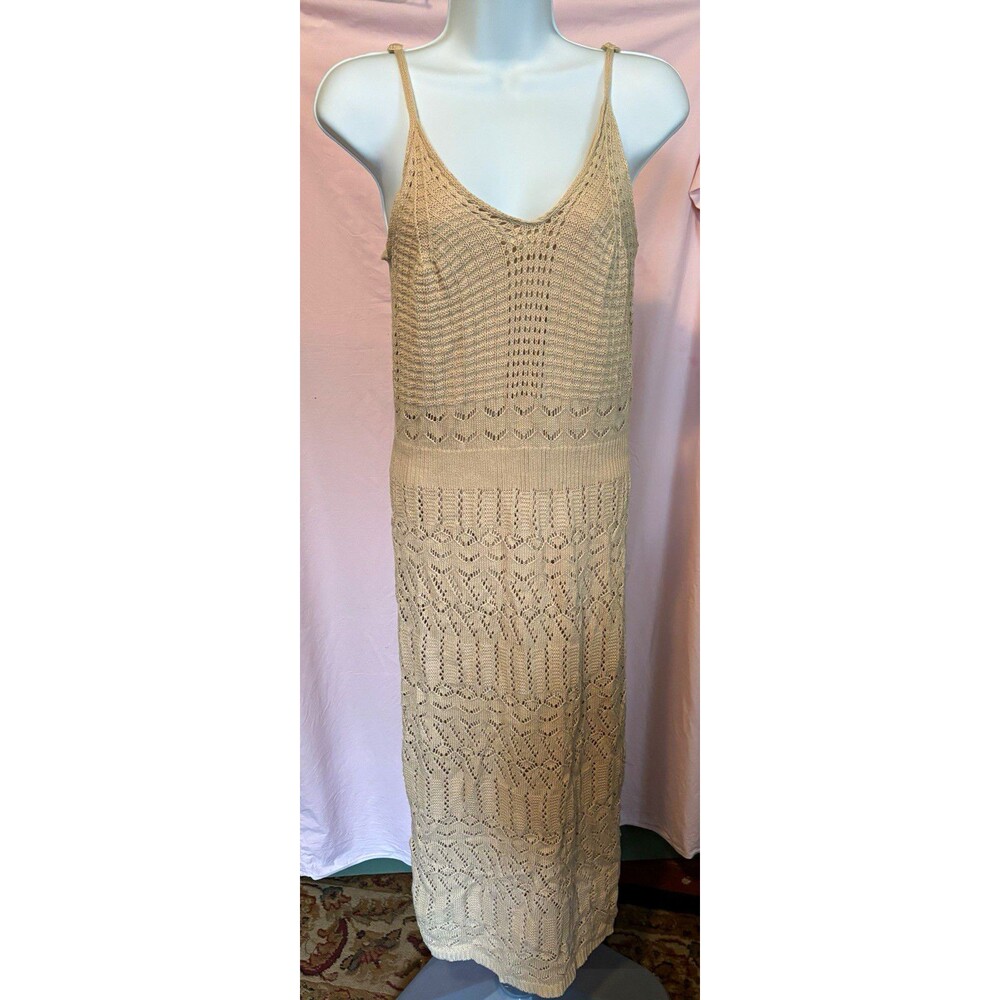 NWT Freshman 1996 Size S Beige Crochet Knit Midi Dress Boho Fully Lined